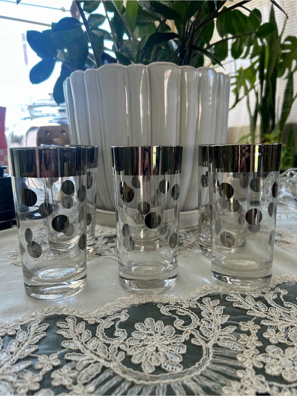 Vintage Mid-Century Modern Silver Polka Dot Highball Glasses - Set of 6